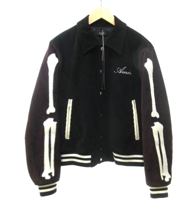 【中古】未使用品 アミリ 24AW CORDUROY BONES VARSITY JACKET コーデュロイジャケット ブラック×バーガンディー 46 Sの通販は 81,400円