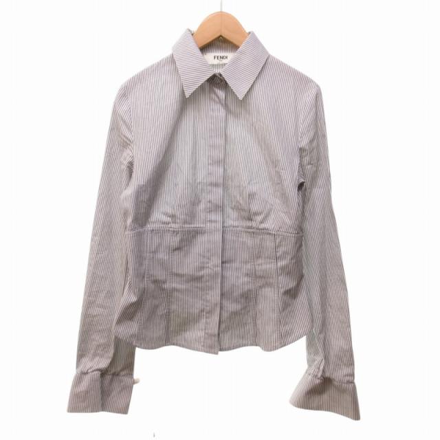 【中古】フェンディ FENDI CAMICIA SHIRT ストライプシャツ ブラウス ショート丈 グレー 36 約S FS7566 IBO65