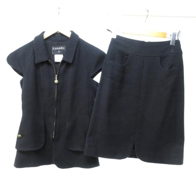 【中古】シャネル CHANEL 美品 07P ツイード セットアップ ノースリーブジャケット スカート 黒 約S
