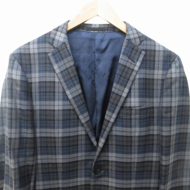 【中古】バーバリーブラックレーベル BURBERRY BLACK LABEL ウール チェック テーラードジャケット 紺 グレー L 中古】バーバリーブラックレーベル BURBERRY BLACK LABEL ウール
