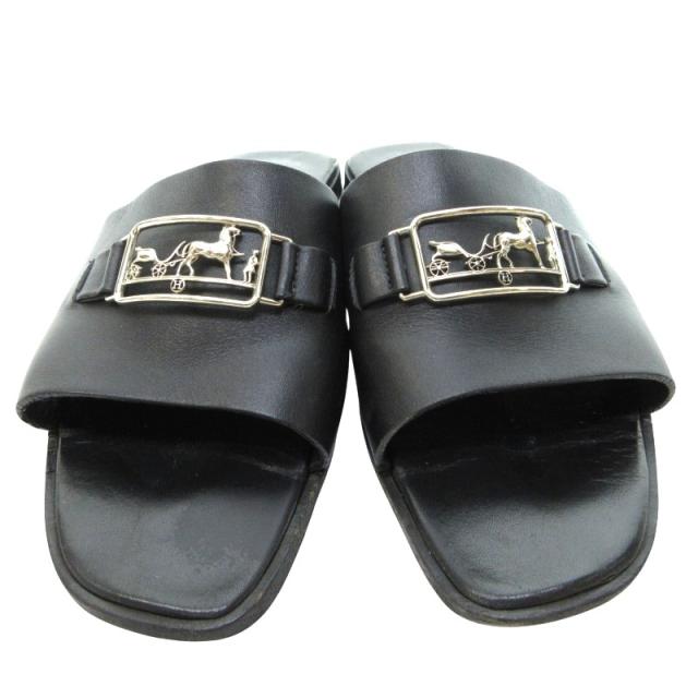 【中古】エルメス HERMES ヴァンセンヌ サンダル ミュール フラットシューズ 馬車金具 カーフレザー 黒 約23〜23.5cm