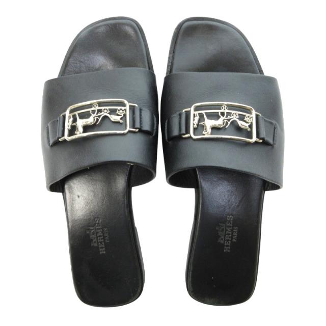 【中古】エルメス HERMES ヴァンセンヌ サンダル ミュール フラットシューズ 馬車金具 カーフレザー 黒 約23〜23.5cm