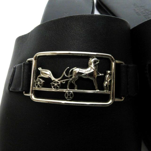 【中古】エルメス HERMES ヴァンセンヌ サンダル ミュール フラットシューズ 馬車金具 カーフレザー 黒 約23〜23.5cm