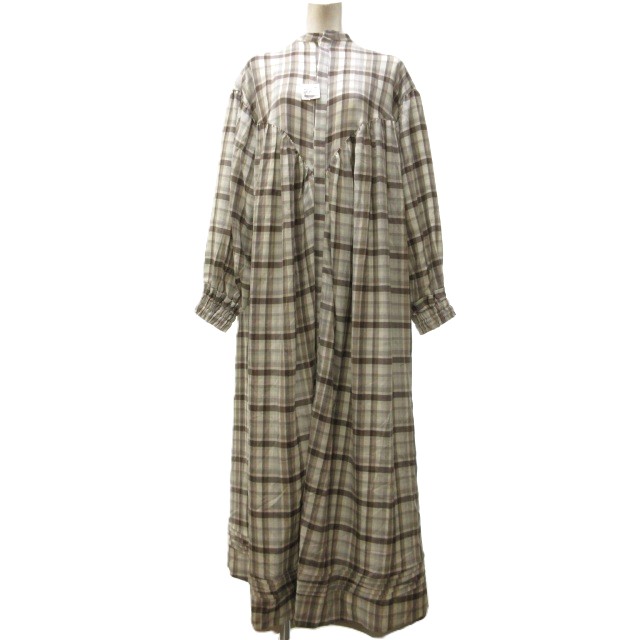 【中古】未使用品 ライト WRYHT タグ付き 21AW PLEATED NIGHT DRESS シャツワンピース ロング ギャザー 茶系 2 約M