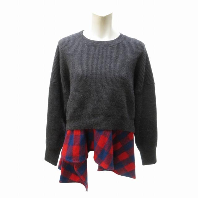 【中古】エンフォルド ENFOLD 20AW レイヤードニット セーター 切替 チェック 長袖 黒 赤 紺 38