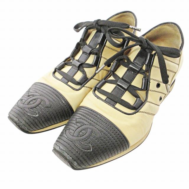 【中古】シャネル CHANEL バイカラー ココマーク レザー スニーカー 7 24cm ベージュ ブラック 0709 IBO73