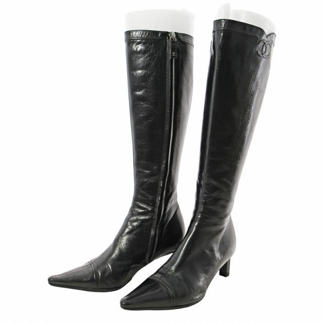 【中古】シャネル CHANEL レザー ココマーク ロングブーツ ポインテッドトゥ サイドジップ 35 22cm ブラック 黒