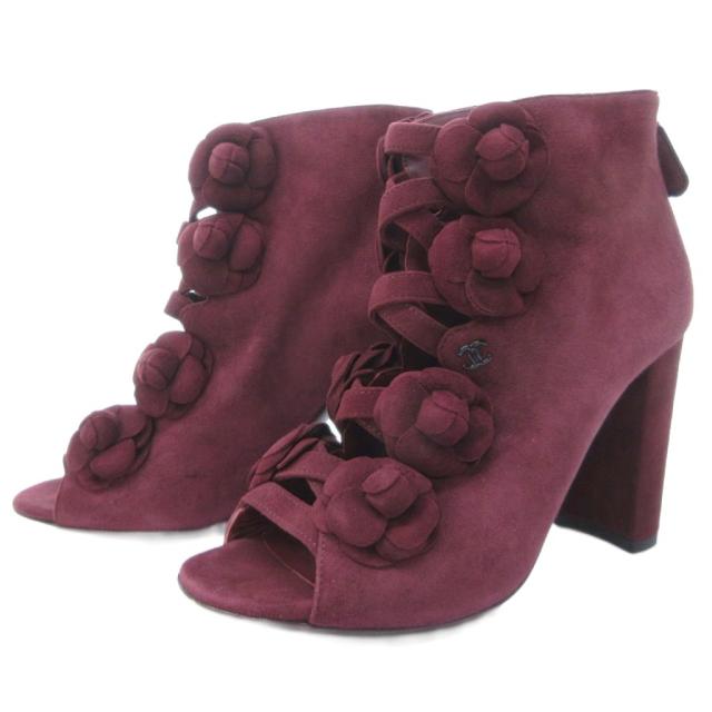 【中古】シャネル CHANEL 17A ココマーク ショートブーツ ブーティー カメリア オープントゥー 赤系 37 約23.5cm