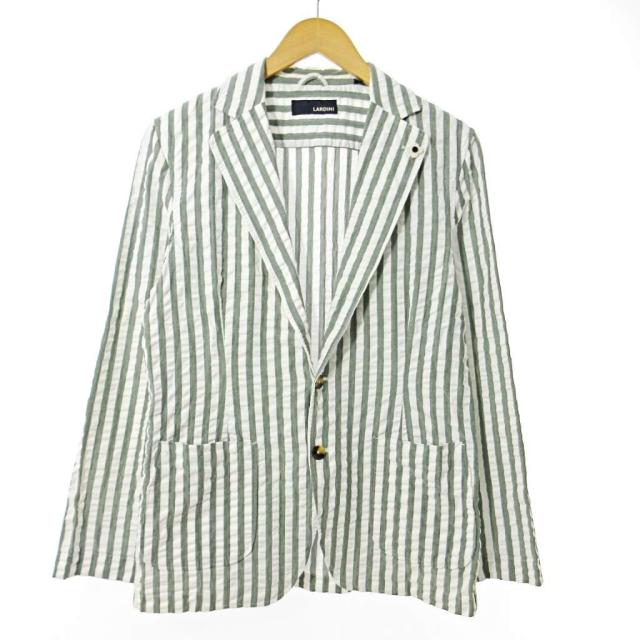 【中古】ラルディーニ LARDINI JK756 ストライプ テーラードジャケット ブートニエール コットン S 緑 白 0814 メンズ