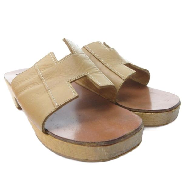 【中古】エルメス HERMES サンダル シューズ Hモチーフ レザー ウッドソール 36 23.0cm ベージュ 0828 レディース