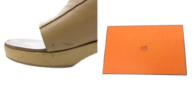 【中古】エルメス HERMES サンダル シューズ Hモチーフ レザー ウッドソール 36 23.0cm ベージュ 0828 レディース