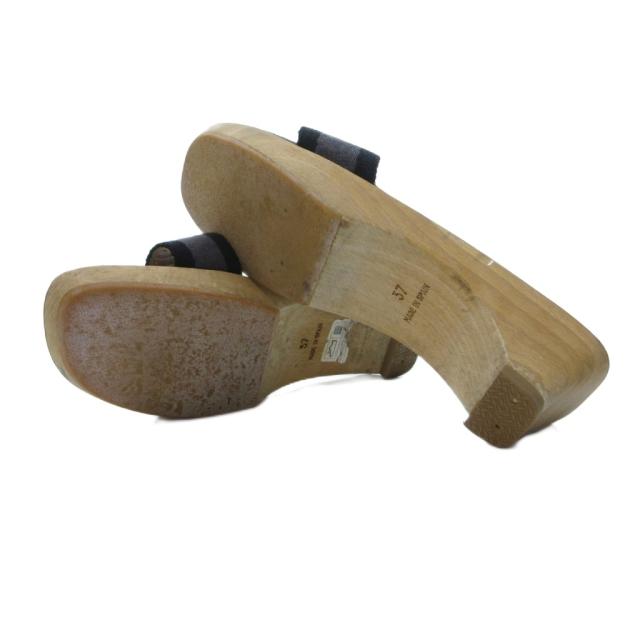 【中古】エルメス HERMES サンダル シューズ ウッドソール 37 24.0cm ベージュ グレー 0828 IBO79 レディース