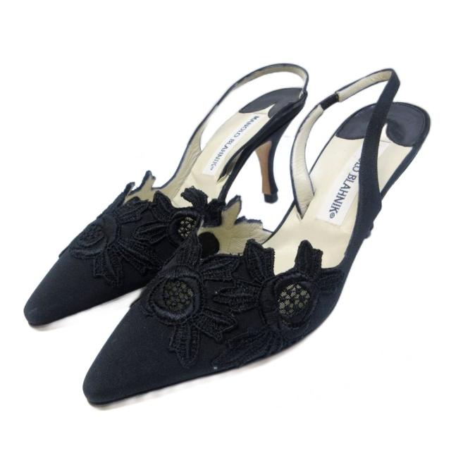 【中古】マノロブラニク MANOLO BLAHNIK ミュール レース バックストラップ ポインテッドトゥ 37 約24cm 黒 IBO79