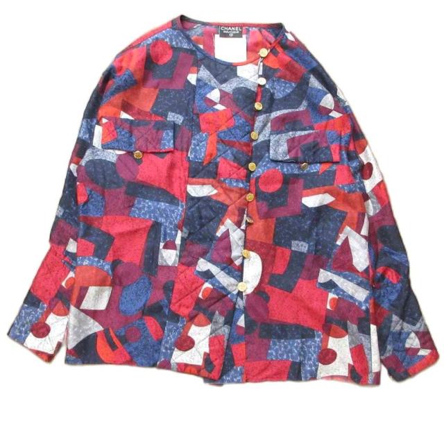 【中古】シャネル ヴィンテージ キルティング シャツ ブラウス 長袖 シルク 総柄 金ボタン マルチカラー 38 約M