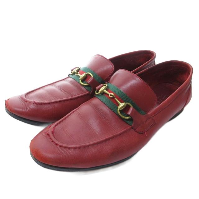 【中古】グッチ GUCCI ホースビット シェリーライン ローファー スリッポン レザー 赤 レッド 約24.5cm