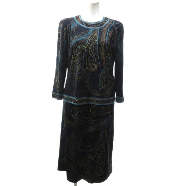 【中古】レオナール LEONARD 美品 ウールシルク セットアップ ブラウス スカート ミモレ丈 総柄 マルチカラー M