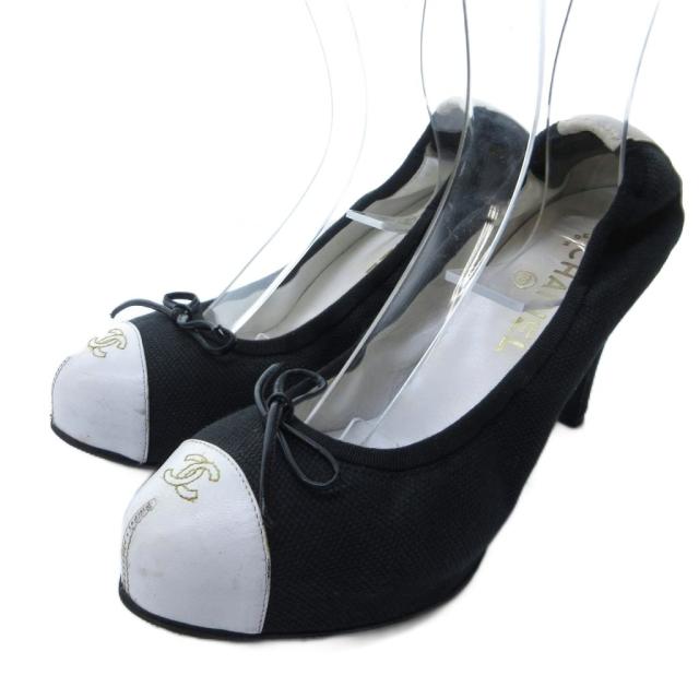【中古】シャネル CHANEL バイカラー ココマーク リボン パンプス ヒール ラウンドトゥ 白 黒 約24cm