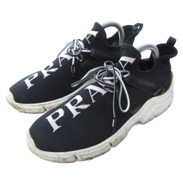 【中古】プラダ PRADA ニット ファブリック スニーカー スリッポン ローカット ロゴ 黒 ブラック 約23cm IBO81