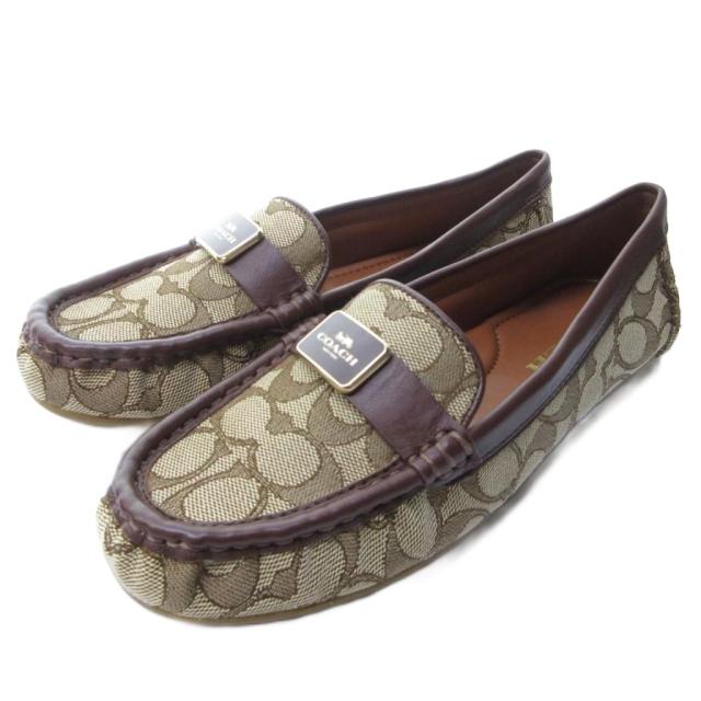 【中古】未使用品 コーチ モナドライバーシグネチャー ローファー フラットシューズ スクエアトゥ ベージュ 約24cm