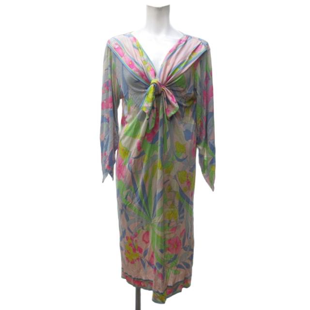 【中古】レオナール LEONARD FASHION ワンピース 長袖 ひざ丈 Vネック 花柄 総柄 マルチカラー ■GY09