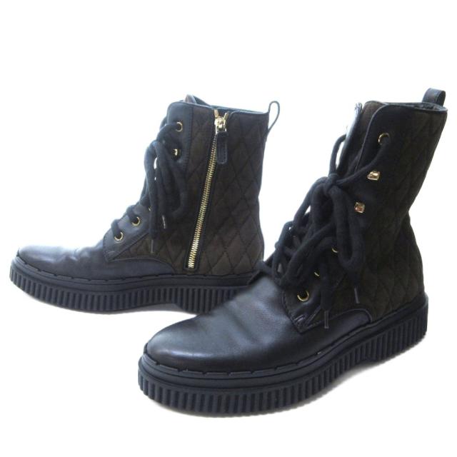 【中古】トッズ TOD'S スエード切替 ブーツ キルティング レザー レースアップ 茶 黒 37 約24cm IBO59_1