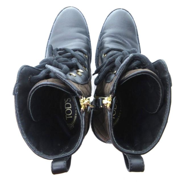 【中古】トッズ TOD'S スエード切替 ブーツ キルティング レザー レースアップ 茶 黒 37 約24cm IBO59_5