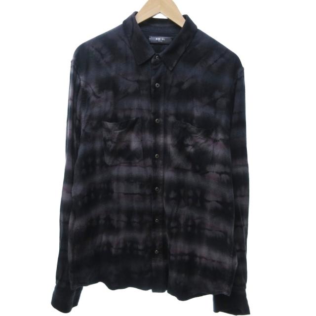 【中古】アミリ AMIRI タイダイ フランネルシャツ 長袖 オンブレチェック 黒 ブラック 紫 パープル 38 約M 1101