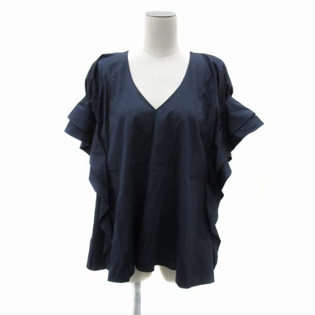 【中古】アディアム Foxey 23年 ショルダーカスケードVネックドロップブラウス 半袖 2 紺 42504 IBO83 レディース
