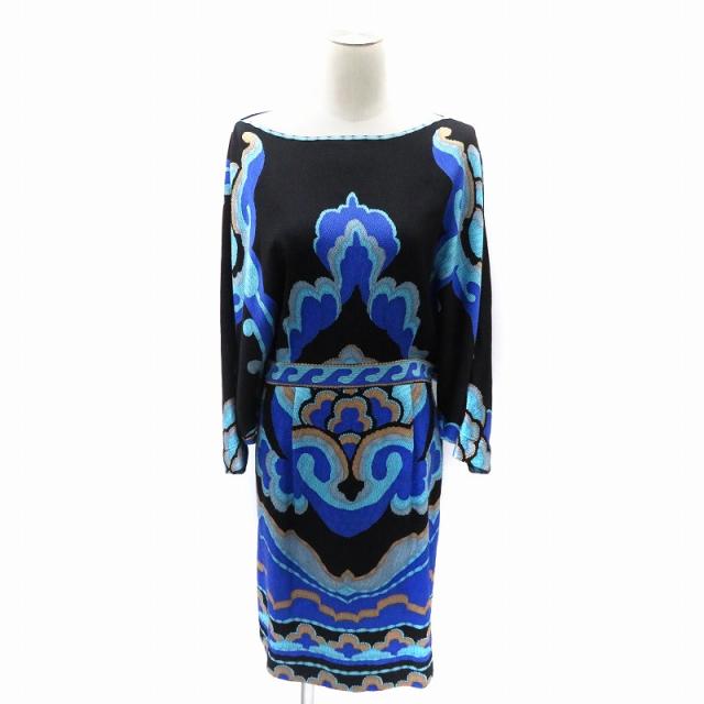 【中古】レオナール 最高級ライン ワンピース ミモレ丈 長袖 ドルマンスリーブ シルク 総柄 40 青 IBO83 レディース