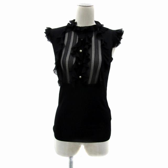 【中古】グッチ 美品 ニット カットソー ノースリーブ クルーネック GGパール フリル 黒 ブラック IBO83 レディース