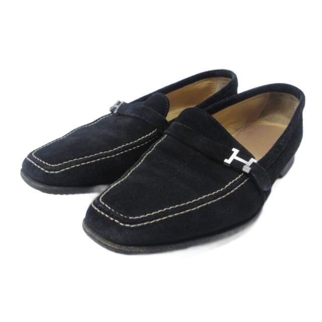 【中古】エルメス HERMES ローファー Hロゴ 金具 スエード レザー 36 1/2 約23.5cm 黒 ブラック IBO84 レディース