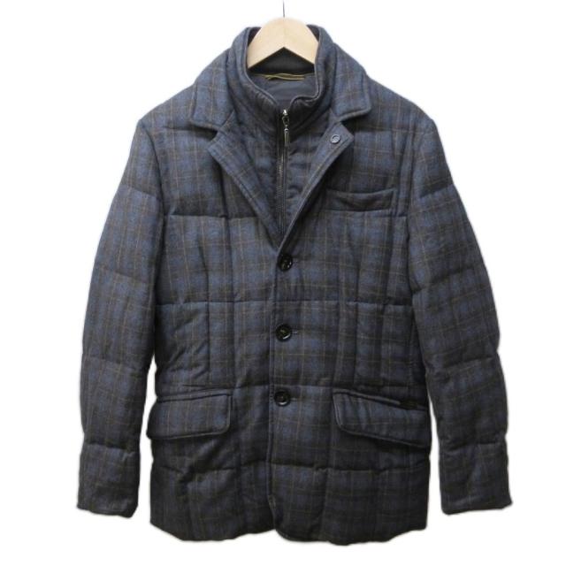 【中古】ムーレー MOORER WELLS-FF ダウンジャケット ダウンコート チェック ウール 44 約S 灰 青 グレー ブルー 系