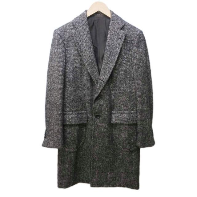 【中古】アルフォンソシリカ チェスターコート ヘリンボーン ウール モヘヤ混 シルク混 本切羽 ロング 茶 灰 系