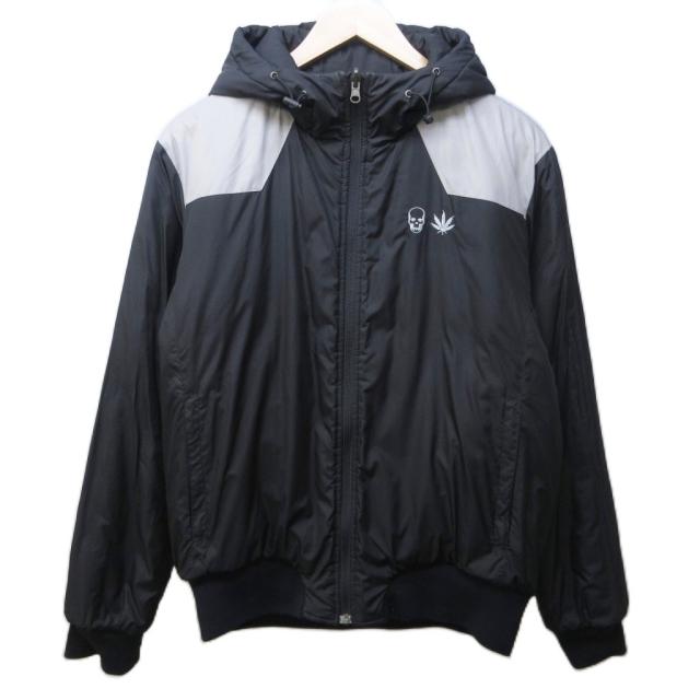 【中古】ルシアンペラフィネ リバーシブル 中綿ジャケット ブルゾン スカル柄 切替 ロゴ刺? フード M 黒 系 IBO85