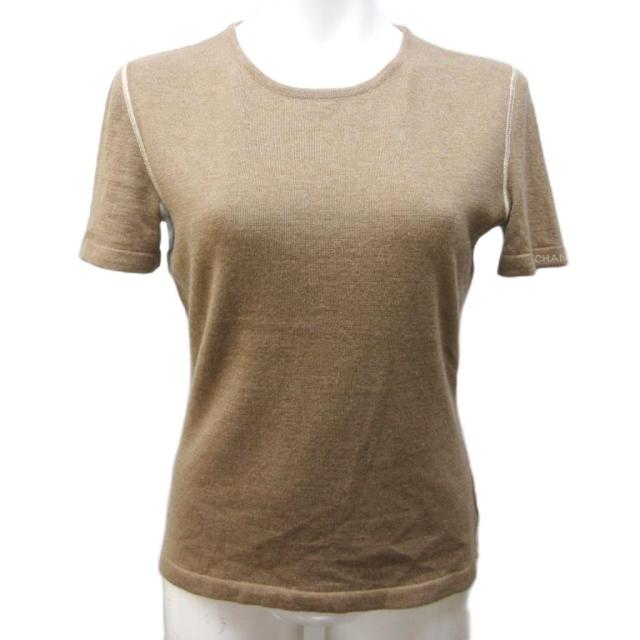 【中古】シャネル CHANEL 99A P13676 ニット カットソー カシミヤ シルク混 ロゴ 刺繍 半袖 チビT 38 約M ■MNK3