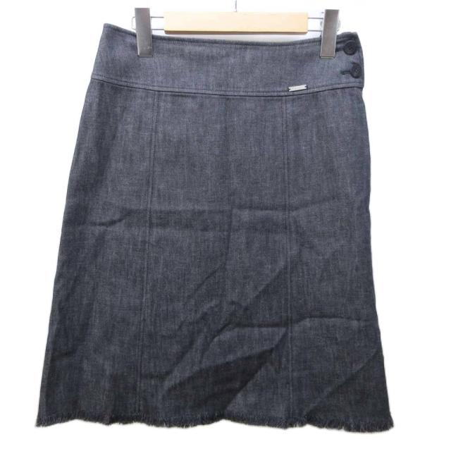 【中古】フォクシー ブティック デニムスカート ロゴ プレート カットオフ加工 フリンジ ひざ丈 38 約S 灰 系 IBO89