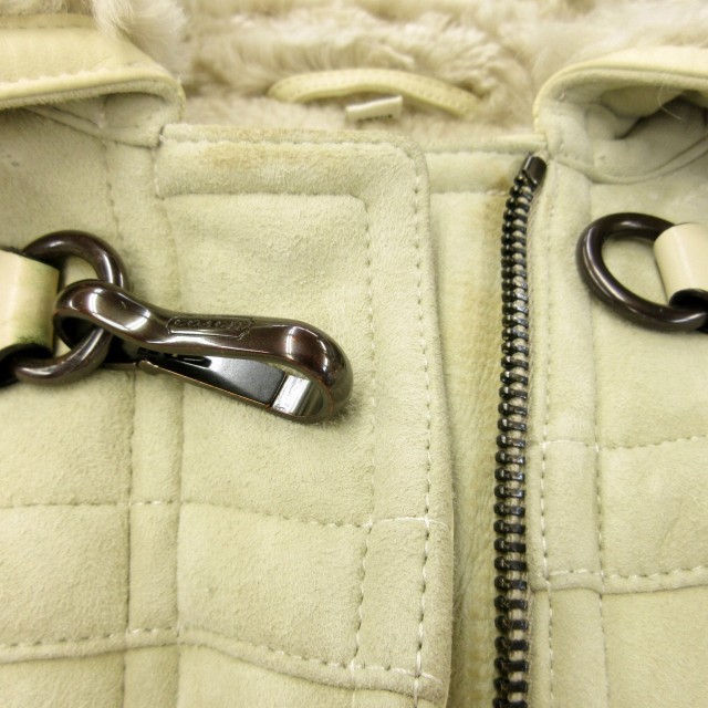 【中古】コーチ COACH ムートンコート 裏ボア 羊革 切替 コヨーテファー フード ミドル丈 ベージュ グレー 系 2 約S_6