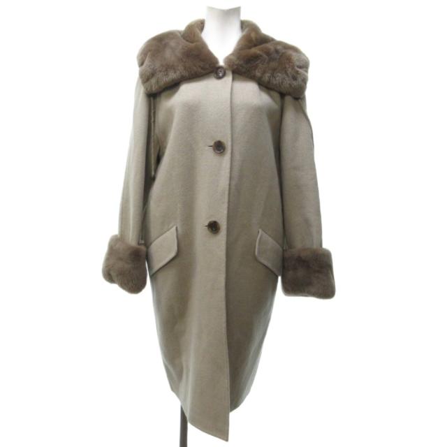 【中古】フォクシー ブティック カシミヤ ロングコート ウール 切替 ヌートリアファー 毛皮 F ベージュ ■MNK1