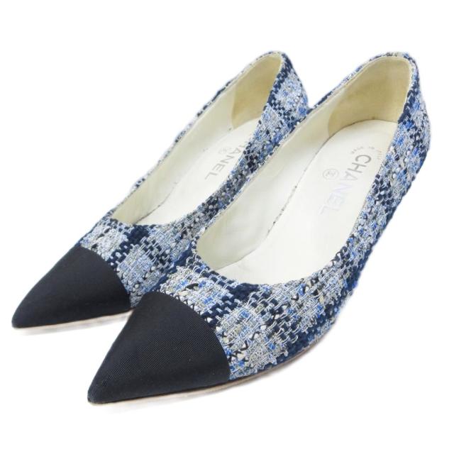 【中古】シャネル CHANEL パンプス ココマーク ツイード ラメ 切替 ポインテッドトゥ パールビジュー 36 1/2 約23.5