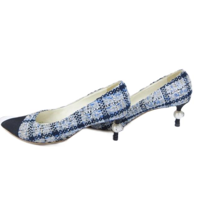 【中古】シャネル CHANEL パンプス ココマーク ツイード ラメ 切替 ポインテッドトゥ パールビジュー 36 1/2 約23.5_1