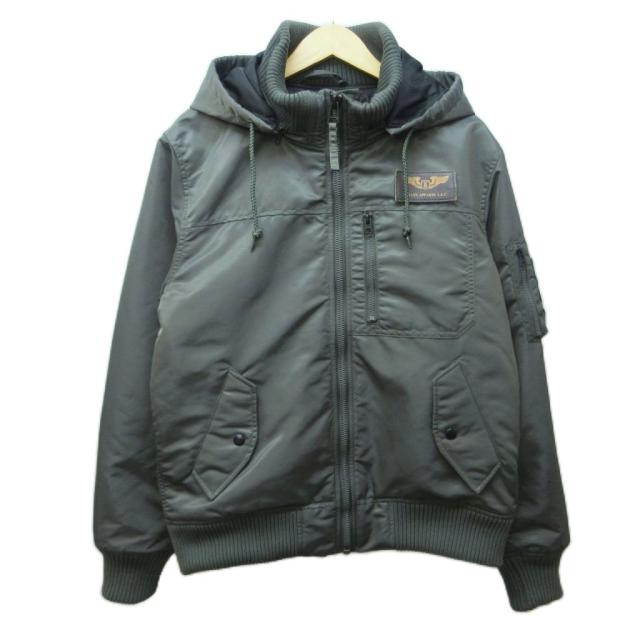 【中古】排球御召しもの VALLEY APPAREL 美品 フーデッドリブフライトナイロンジャケット 中綿 ミリタリー ロゴタイプ L