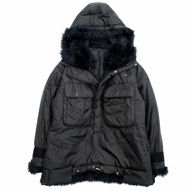 【中古】美品 18aw サカイ sacai プルオーバー パテッド ジャケット ブルゾン コート ファー パフィー 中綿 1 黒 ブラック メンズ