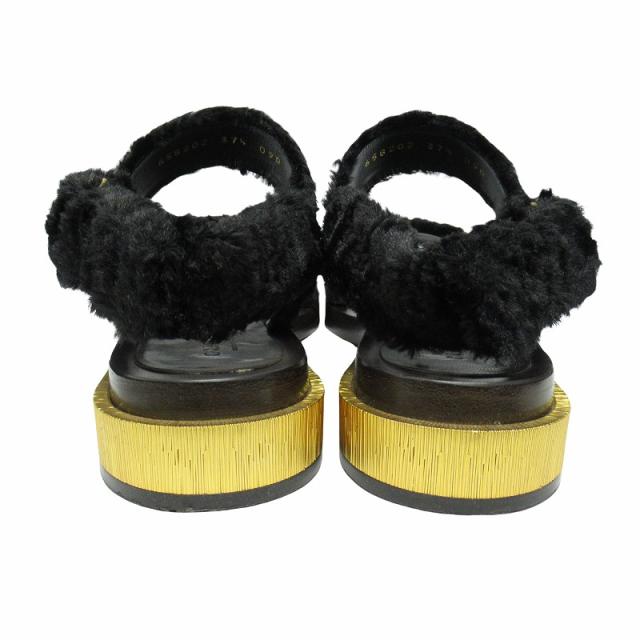 【中古】良品 21aw グッチ GUCCI フェイクファー サンダル ボア シューズ メタルヒール バックベルクロ 24.5cm▼７