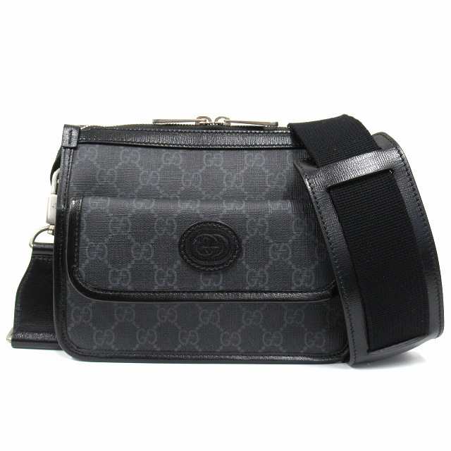 【中古】美品 グッチ GUCCI インターロッキング G ショルダー バッグ GGスプリーム レザー 674164 ブラック/グレー