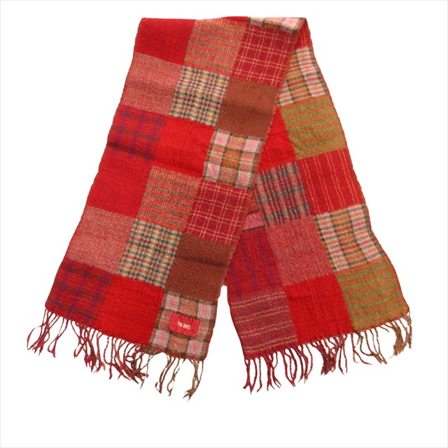 【中古】ピンクハウス PINK HOUSE 縮絨 マフラー チェック 切替 フリンジ 赤 レッド レディース の通販は 4,600円