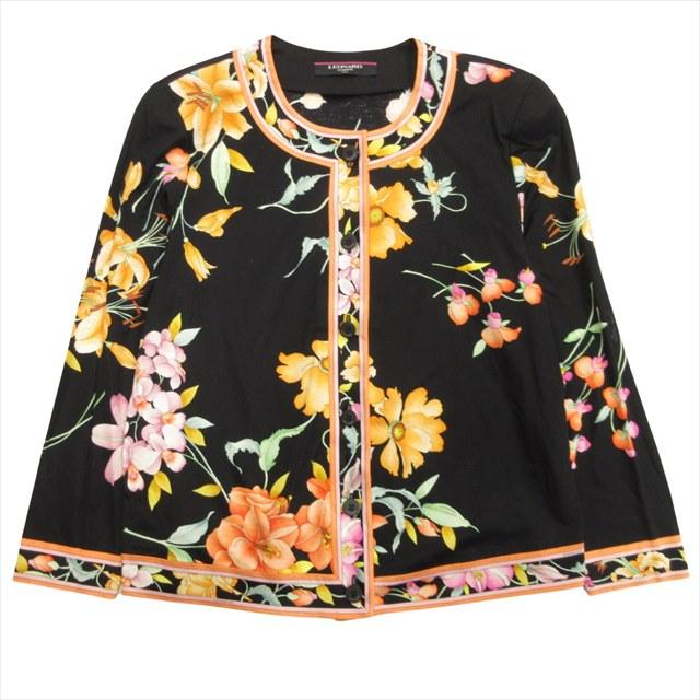 【中古】レオナール LEONARD 花柄 カーディガン ライト ジャケット ブルゾン フラワー L 黒 ブラック オレンジの通販は