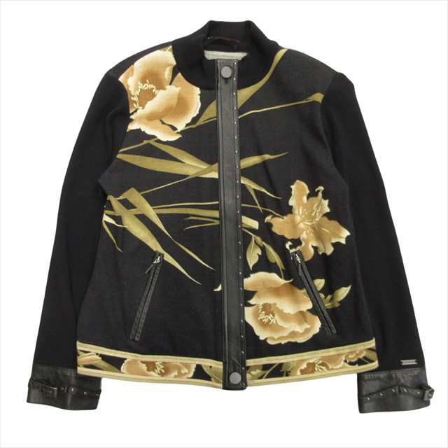 【中古】美品 レオナール LEONARD ウール シルク レザー コンビ ニット ジャケット ブルゾン カシミヤ混 花柄 の通販は