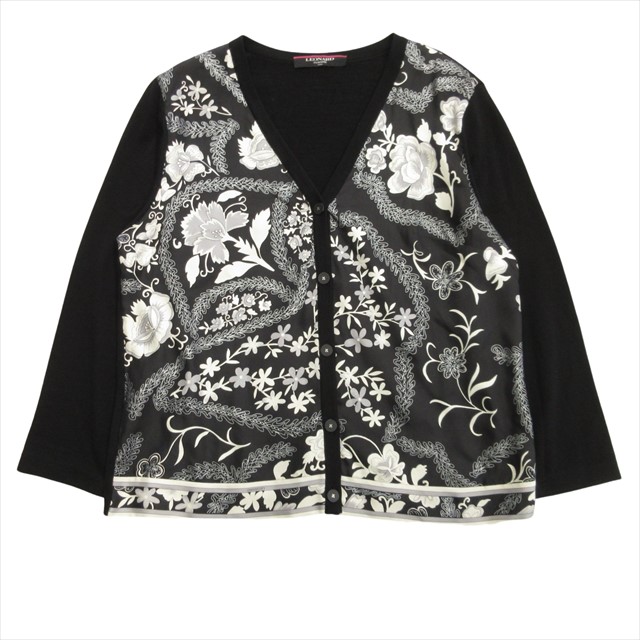 【中古】レオナール LEONARD シルク ウール 花柄 カーディガン ニット セーター フラワー 切替 大きいサイズ LL 黒の通販は
