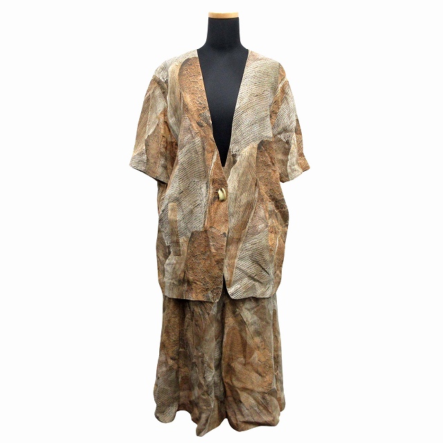 【中古】ユキコハナイ 2点 セットアップ リネン シャツ ロング ジャケット スカート 総柄 9 茶系 ブラウン レディースの通販は