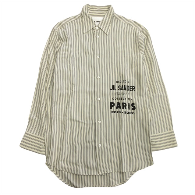 【中古】19aw ジルサンダー JIL SANDER ロゴ プリント ストライプ シャツ カットソー レーヨン 37 アイボリー グレーの通販は
